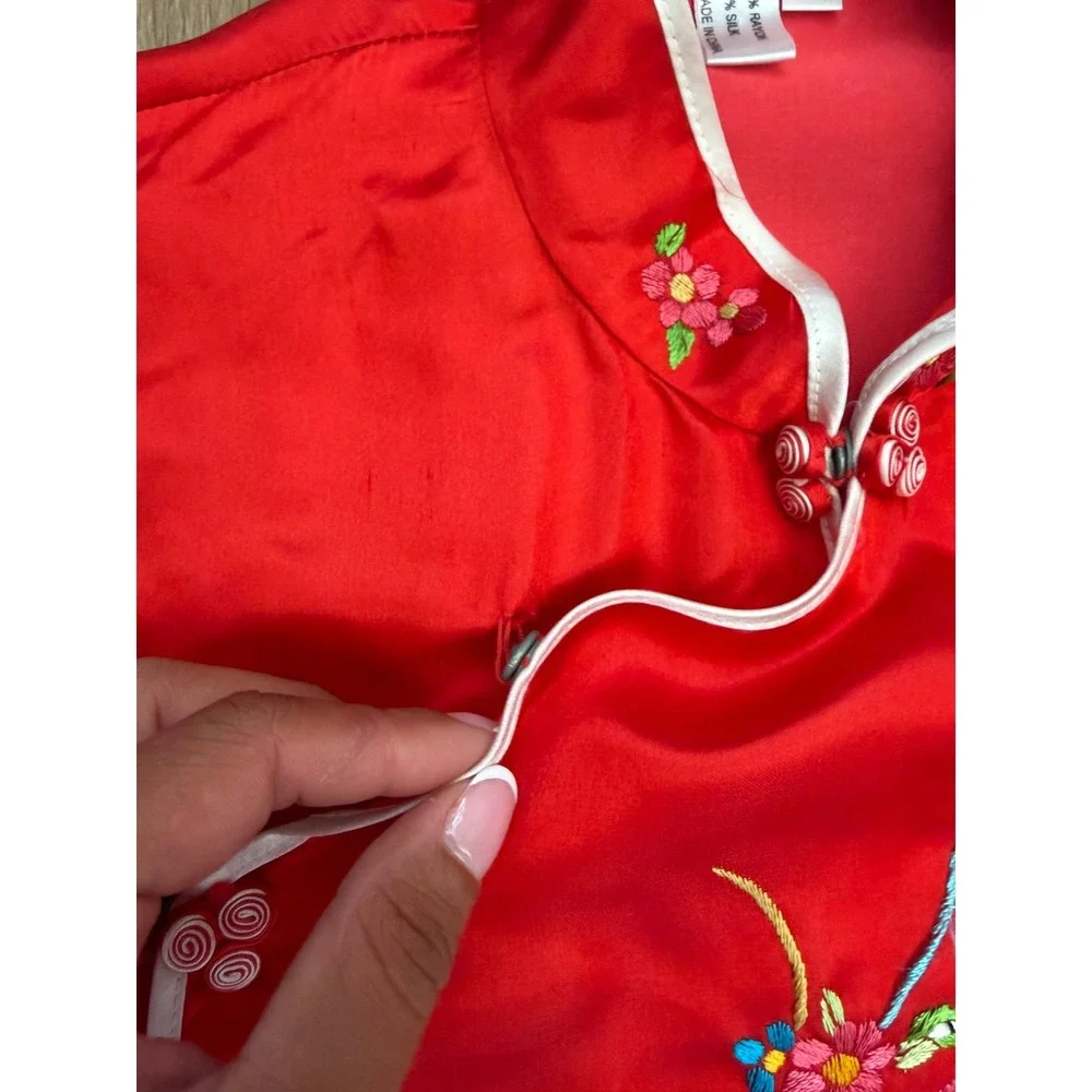 Vtg Golden Dragon Chinese Red Silk Blend Pajama Set Phoenix Embroidery 2pc
